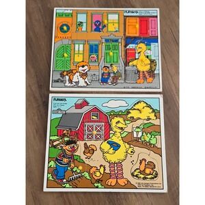 Vintage 1990 Playskool Sesame Street Wooden Peg Puzzles Big Bird Ernie 2 Pack